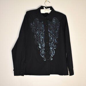 Bob Mackie Wearable Art Women's Black Button Front Blouse With Sequins Sz Medium